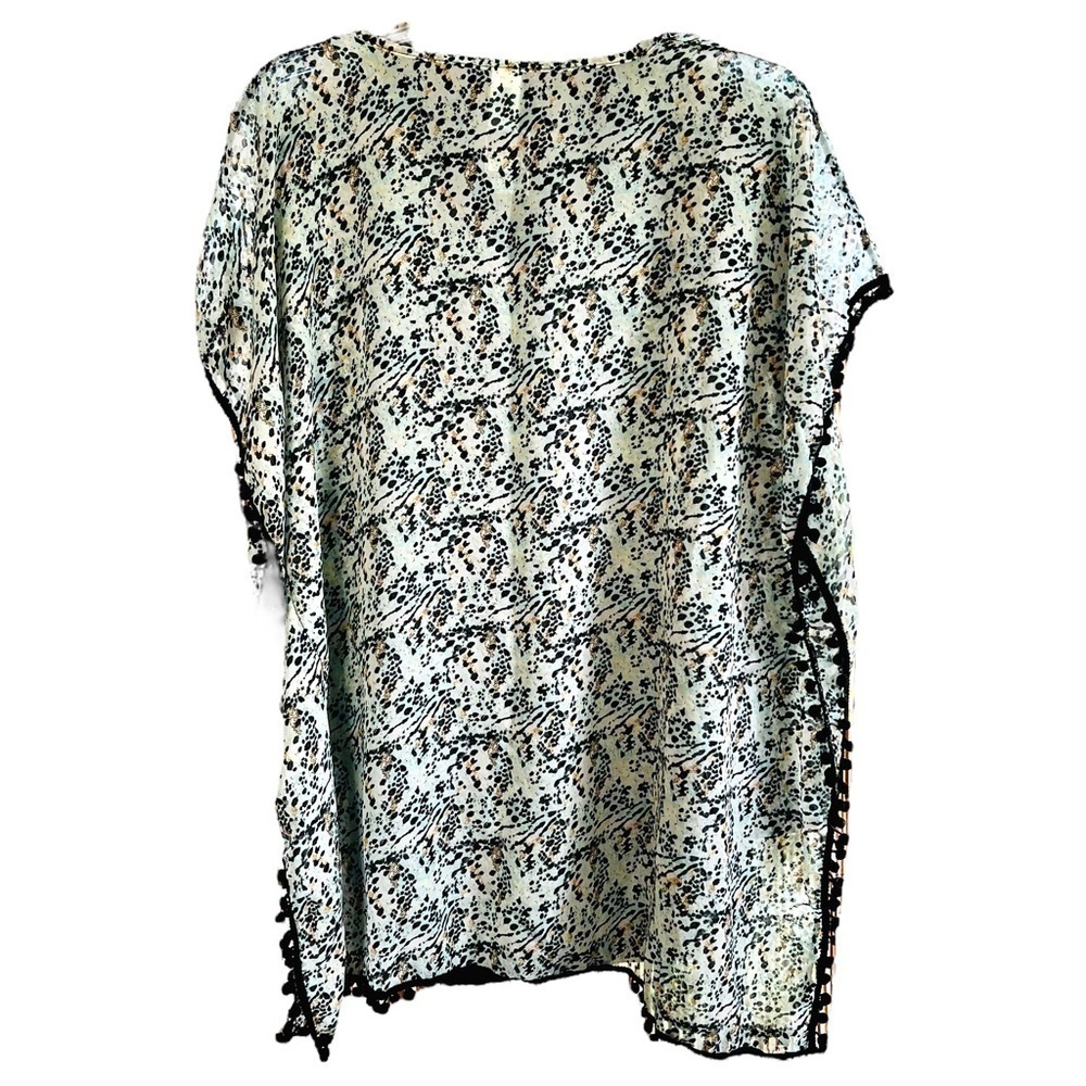 West Loop Animal Print Kimono Cover Up Boho Pom Pom Trim V Neck Sheer NWT OSFM - Picture 6 of 10